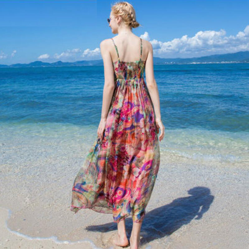 Women 100 Silk dress Beach dress 100% Natural Silk Pink Print dress Strapless Holiday summer dresses